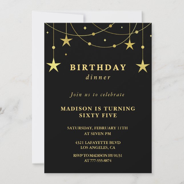 Black 65th birthday invitations Gold Stars (Front)