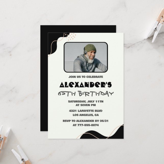 Black 65th birthday invitations Men Simple Photo (Front/Back In Situ)
