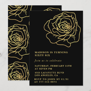 Black 66th birthday invitations Gold Floral