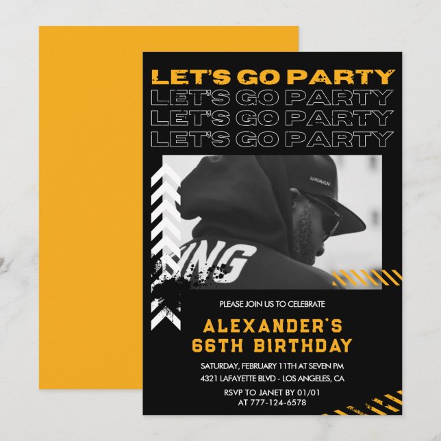 Black 66th birthday invitations Men Photo Spray (Front/Back)