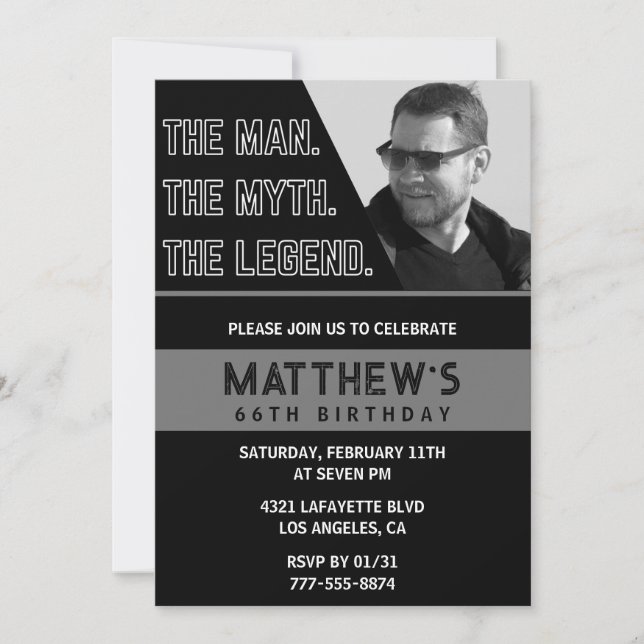 Black 66th birthday invitations The Man The Legend (Front)