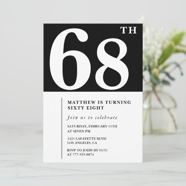 Black 68th birthday invitation Elegant Chic Simple (Standing Front)