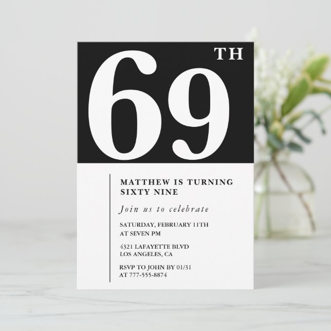 Black 69th birthday invitation Elegant Chic Simple (Standing Front)