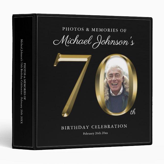 Black 70th Birthday Elegant Gold Text Custom Photo 3 Ring Binder (Front/Spine)
