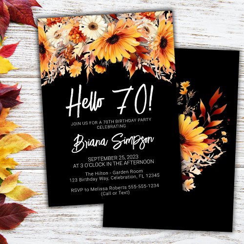 Black 70th Birthday Fall Floral Invitation