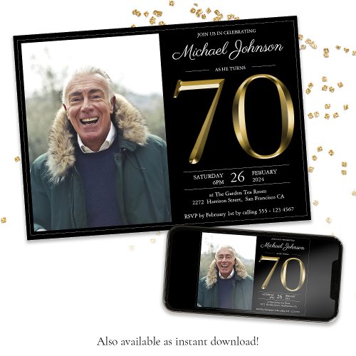 Black 70th Birthday Gold Text Classy Modern Photo Invitation