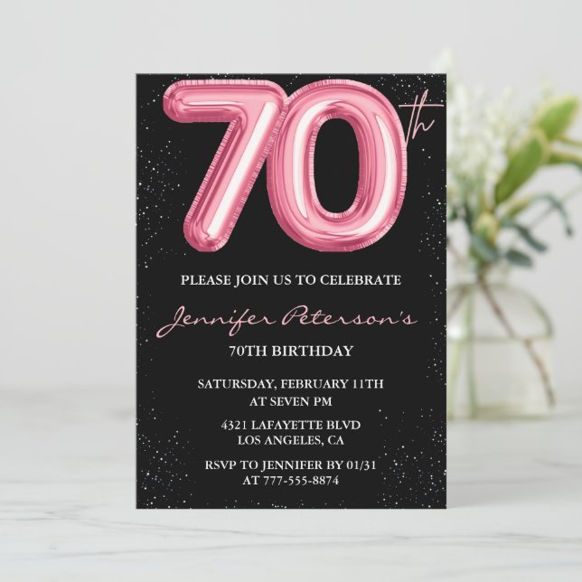 Black 70th birthday invitations Balloon Glam Pink (Standing Front)