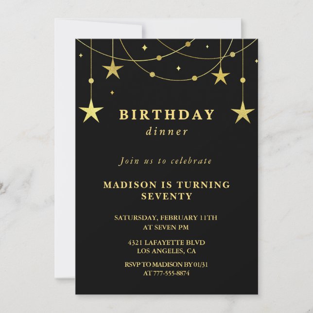 Black 70th birthday invitations Gold Stars (Front)