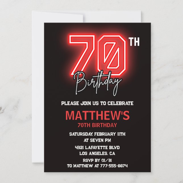 Black 70th birthday invitations Men Neon (Front)