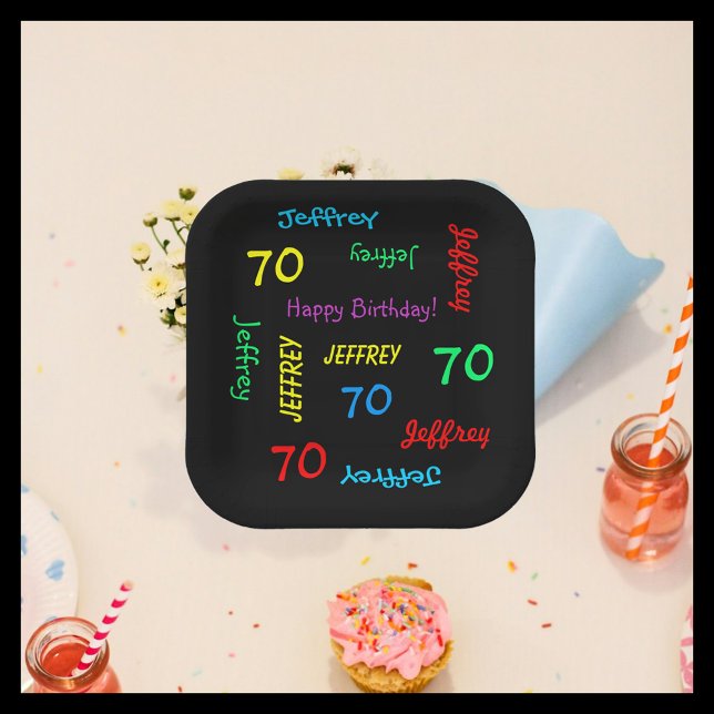 Black 70th Birthday Party, Repeating Names Square Paper Plates (Creator Uploaded)
