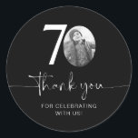 Black 70th Birthday Thank You Classic Round Sticker<br><div class="desc">Add a personal touch to your party favors with this customizable 70th birthday sticker! Designed to make your milestone celebration extra special, this sticker allows you to add your own photo and personalize the text for a unique keepsake. Perfect for attaching to party favors, gift bags, or thank-you gifts, this...</div>