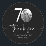 Black 70th Birthday Thank You Classic Round Sticker<br><div class="desc">Add a personal touch to your party favors with this customizable 70th birthday sticker! Designed to make your milestone celebration extra special, this sticker allows you to add your own photo and personalize the text for a unique keepsake. Perfect for attaching to party favors, gift bags, or thank-you gifts, this...</div>