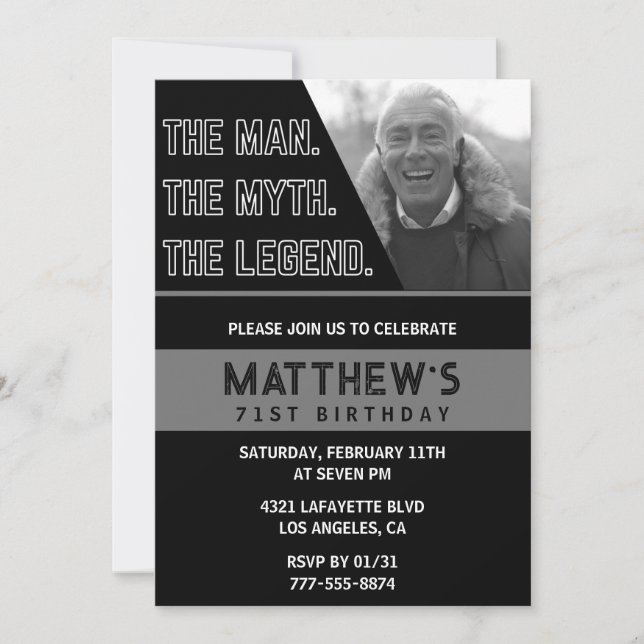 Black 71st birthday invitations The Man The Legend (Front)