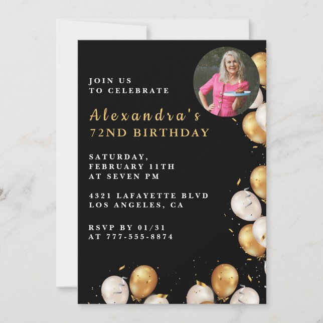 Black 72nd birthday invitation Gold Balloon Photo  (Front)