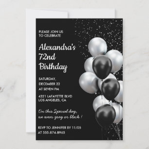 Black 72nd birthday invitations Balloons Silver