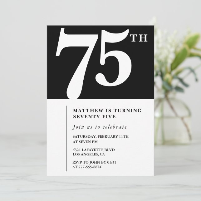 Black 75th birthday invitation Elegant Chic Simple (Standing Front)