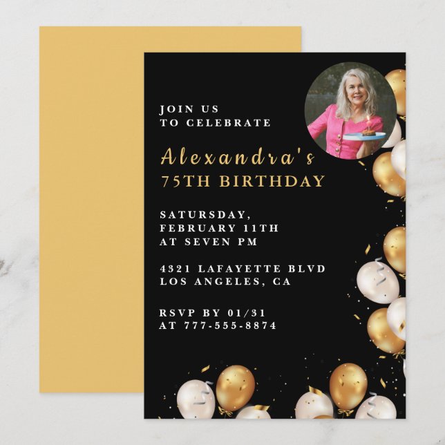 Black 75th birthday invitation Gold Balloon Photo  (Front/Back)