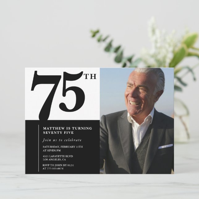 Black 75th birthday invitations Elegant Chic (Standing Front)