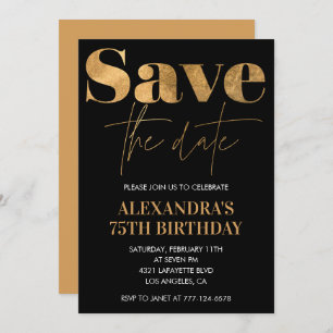 Black 75th birthday invitations Save the date Gold