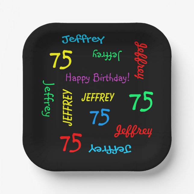 Black 75th Birthday Party, Repeating Names Square Paper Plates (Front)