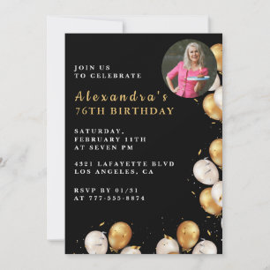 Black 76th birthday invitation Gold Balloon Photo