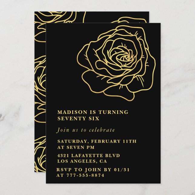 Black 76th birthday invitations Gold Floral (Front/Back)