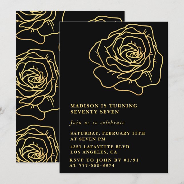 Black 77th birthday invitations Gold Floral (Front/Back)