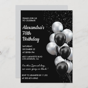 Black 78th birthday invitations Balloons Silver