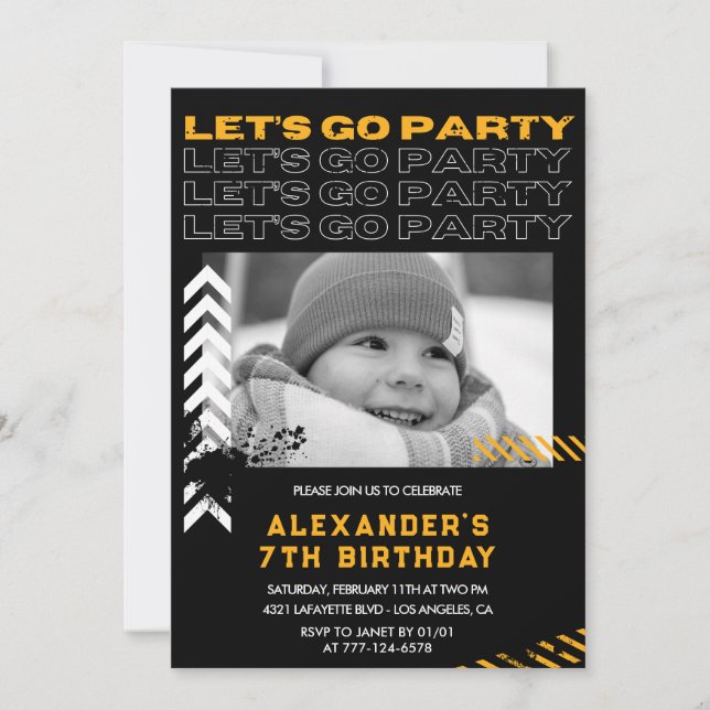 Black 7th birthday invitations Boy Photo Spray (Front)
