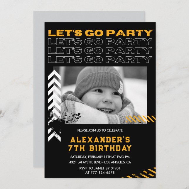 Black 7th birthday invitations Boy Photo Spray (Front/Back)