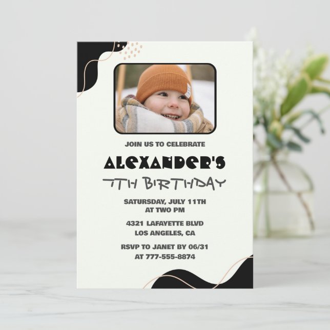 Black 7th birthday invitations Boy Simple Photo (Standing Front)