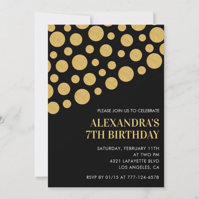 Black 7th birthday invitations Gold Confetti (Front)