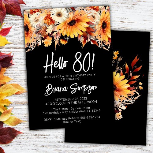 Black 80th Birthday Fall Floral  Invitation