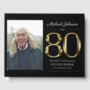 Black 80th Birthday Gold Typography Classy Custom Guest Book