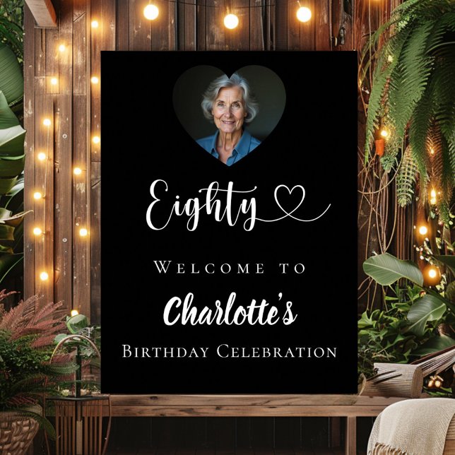 Black 80th birthday party photo heart welcome poster (Creator Uploaded)