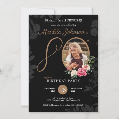 Black 80th Surprise Birthday Floral Custom Photo