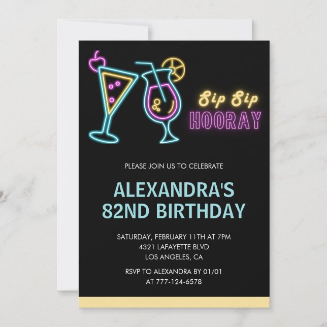 Black 82nd birthday invitations Cocktail Neon Glow (Front)
