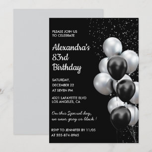 Black 83rd birthday invitations Balloons Silver