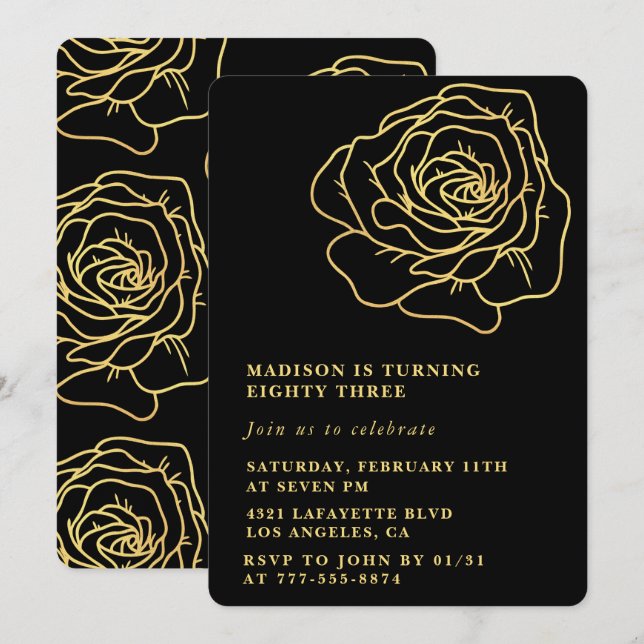 Black 83rd birthday invitations Gold Floral (Front/Back)