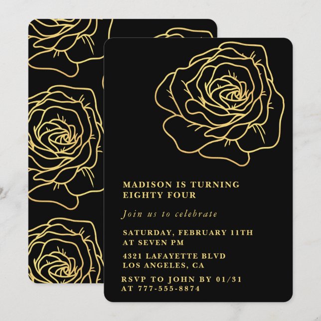 Black 84th birthday invitations Gold Floral (Front/Back)