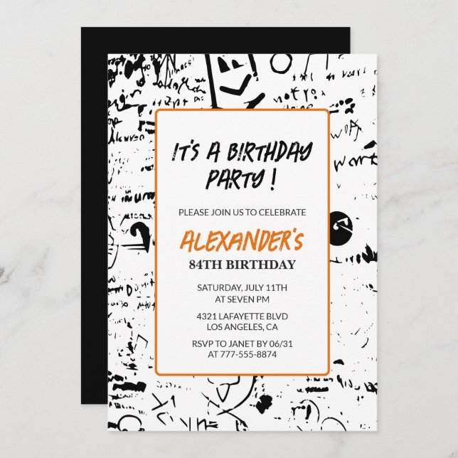Black 84th birthday invitations Men Graffiti  (Front/Back)