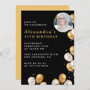 Black 85th birthday invitation Gold Balloon Photo