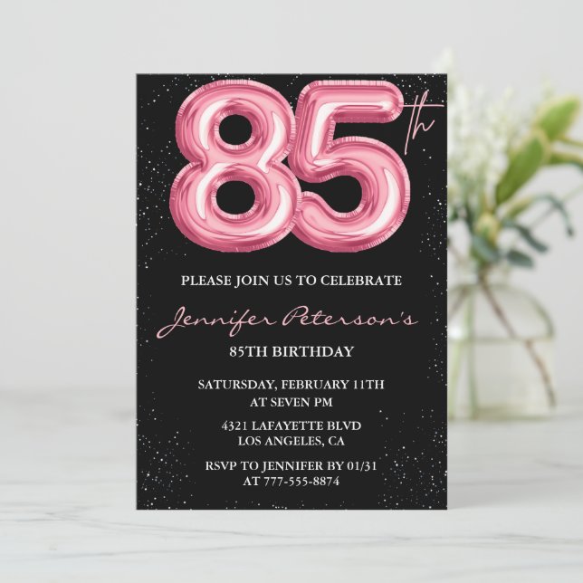 Black 85th birthday invitations Balloon Glam Pink (Standing Front)