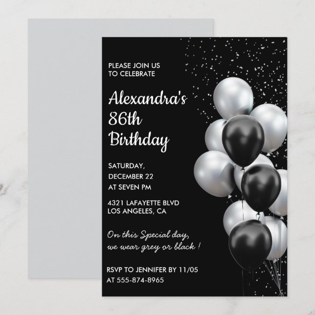 Black 86th birthday invitations Balloons Silver (Front/Back)