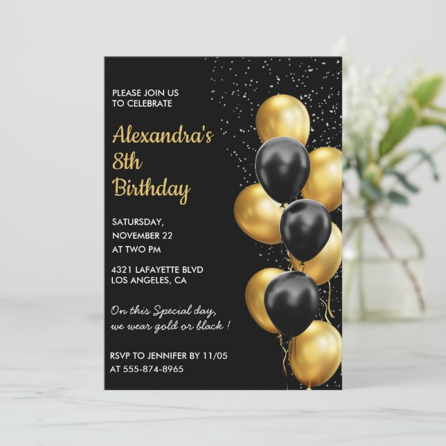 Black 8th birthday invitations Gold Glitter Glam  (Standing Front)