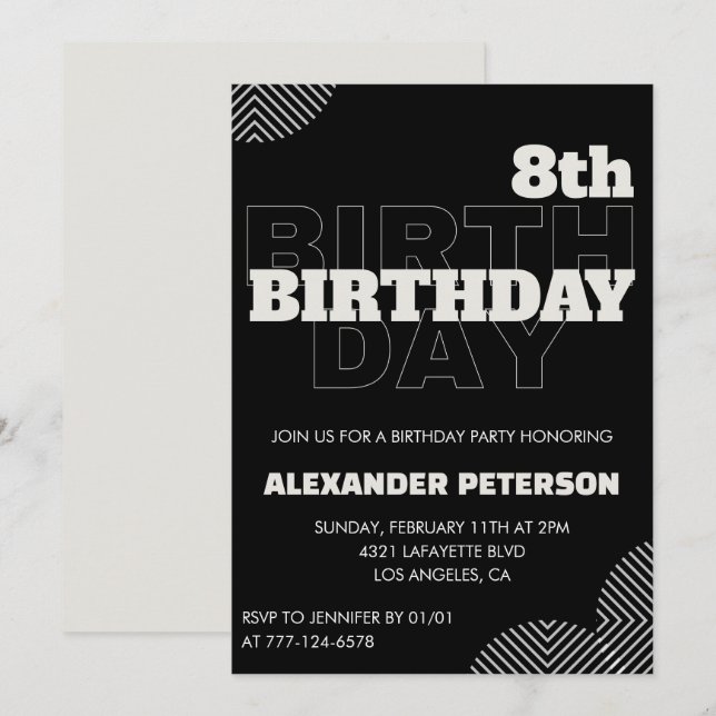 Black 8th birthday invitations Party Boy (Front/Back)