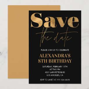 Black 8th birthday invitations Save the date Gold