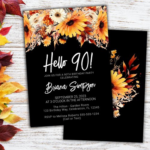 Black 90th Birthday Fall Floral Invitation