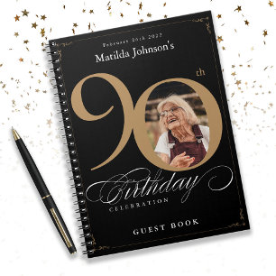 Black 90th Birthday Gold Elegant Script Guestbook Notebook