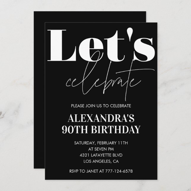Black 90th birthday invitations Bold Typography  (Front/Back)